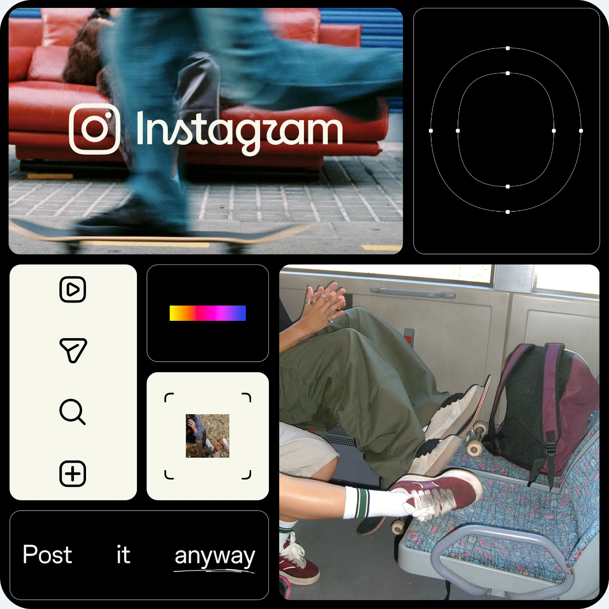 Collage of the refreshed Instagram brand system: new wordmark over a photo, redrawn UI icons, a narrow gradient bar and the Instagram Pen handwriting typeface